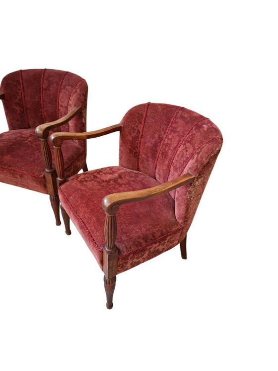 Image 1 of Élégante paire de fauteuils vintage en chêne et velours damassé des années 1960