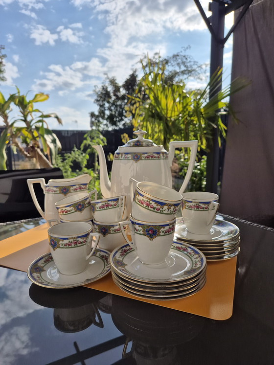 Image 1 of Servizio da tè vintage in porcellana di Limoges - T.L.B. Francia - 1950 ca - Floreale e oro