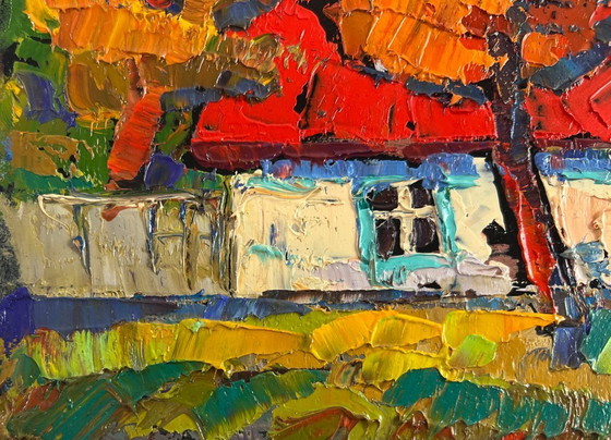 Image 1 of Original Oil Painting Fall Village Landscape Warmth of an autumn day