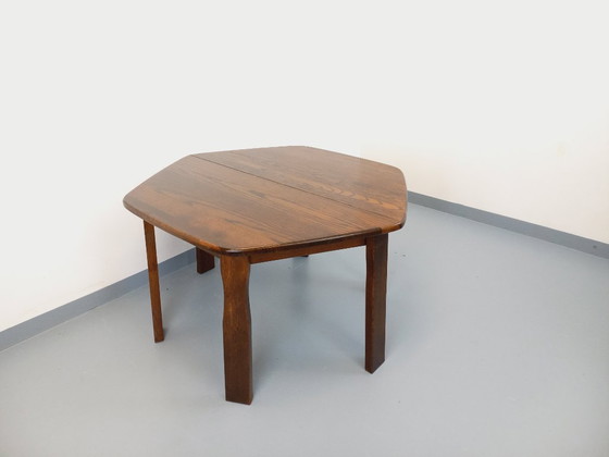 Image 1 of Vintage brutalist hexagonal oak dining table from the 1950s with extension