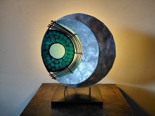 Vintage Tischlampe Aus Blauem Mosaikglas, Holz Und Perlmutt