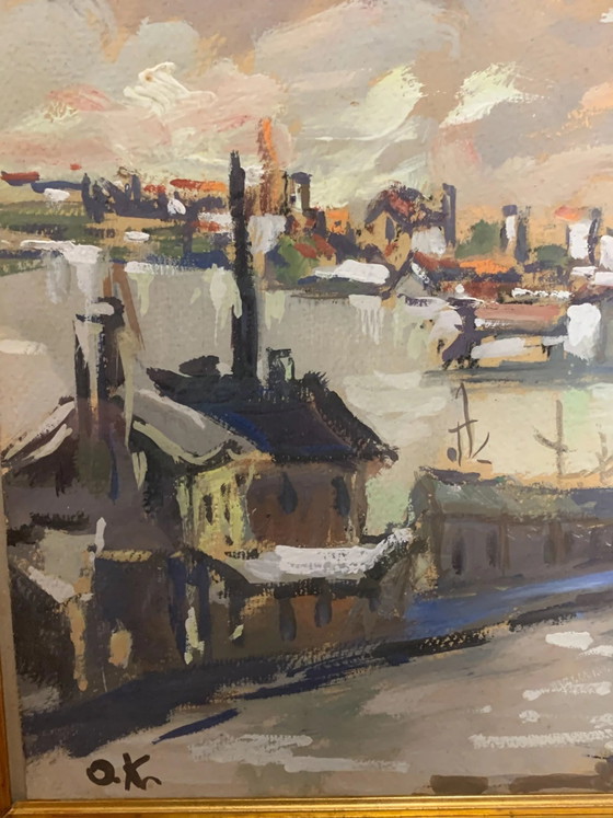 Peinture à l'huile Paysage au coucher du soleil sur toile par Ok, années 1950, Peintures et dessins (photo 4 sur 5)