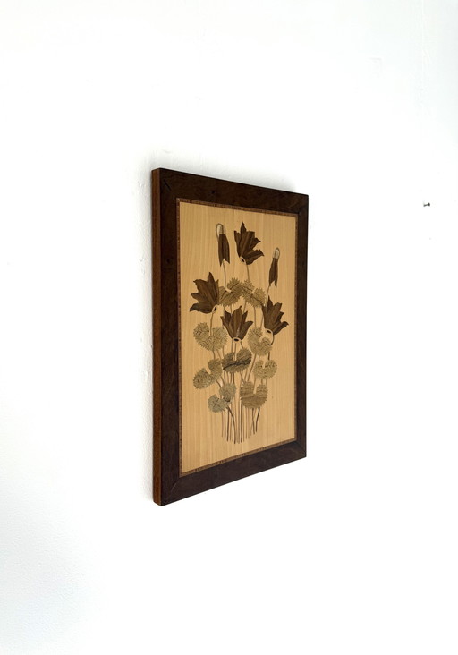 Vintage houten handwerk schilderij met klaprozen ‘60