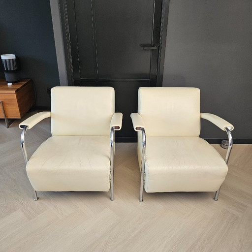 2x Leolux Scylla fauteuils cuir crème-blanc
