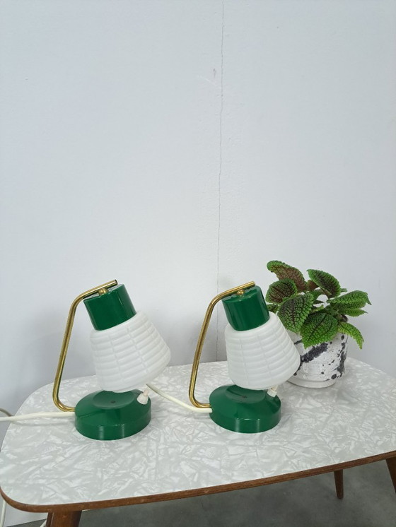Image 1 of Mid Century set of 2 groene kunststof lamp, nachtlamp, tafellamp