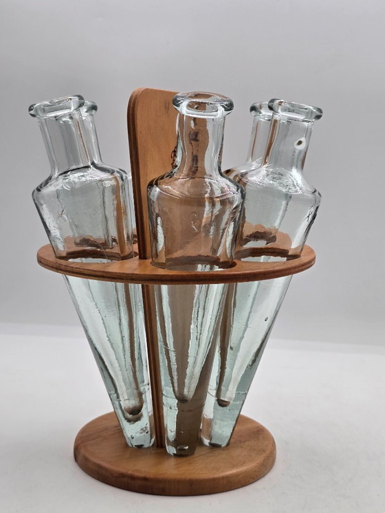 Image 1 of Holzhalter mit 6 konischen, mundgeblasenen Flaschen, Design