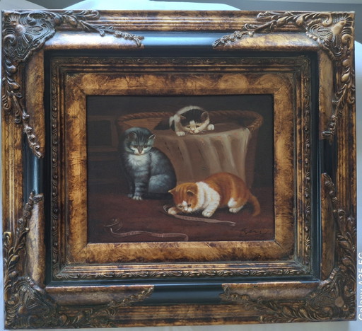 Antiek olieverfschilderij "Drie kittens in een mandje", olieverf op hout, gesigneerd Frey, sierlijke lijst.