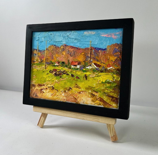 Original Oil Painting Summer Field Landscape Sunny day outside the village