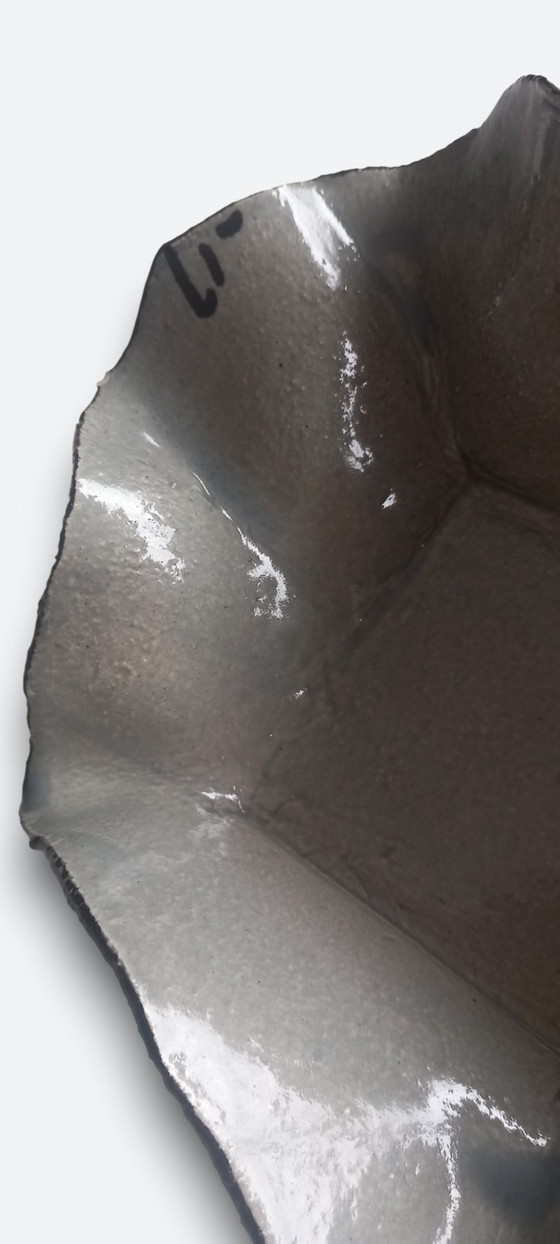 Image 1 of Studio ceramic bowl on foot with organic shape and gray glaze – signed studio mark