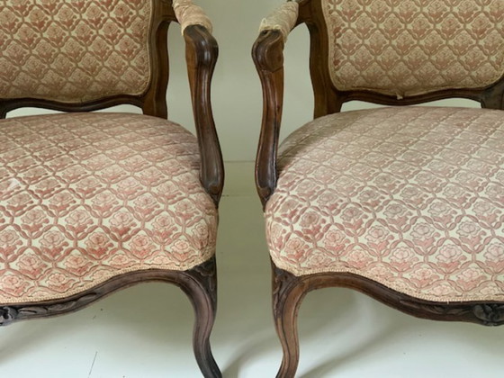 Image 1 of Paar Antieke Louis XV fauteuils met fluwelen stof