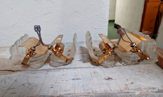 Image 1 of Zeldzaam paar "Leaves" kunstglazen wandlampen van Carl Fagerlund voor Orrefors - Zweden, jaren 1960-1970