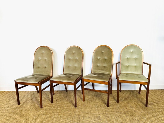 Image 1 of Set di 4 sedie da pranzo vintage in noce e velluto verde di G-Plan, 1970