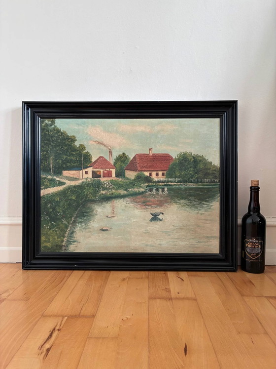 Image 1 of Peinture à l'huile originale vintage représentant un paysage, signée, œuvre d'art de ferme