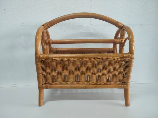 Portariviste vintage in rattan, cestino portariviste, portariviste, anni '70.