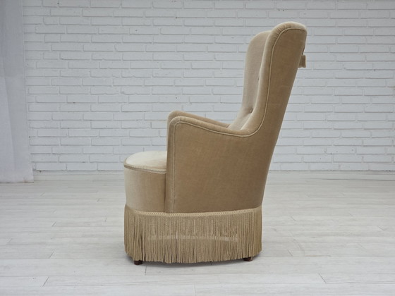 Image 1 of 1960er Jahre Dänischer Sessel in grün/braunem Möbelvelours, Originalzustand