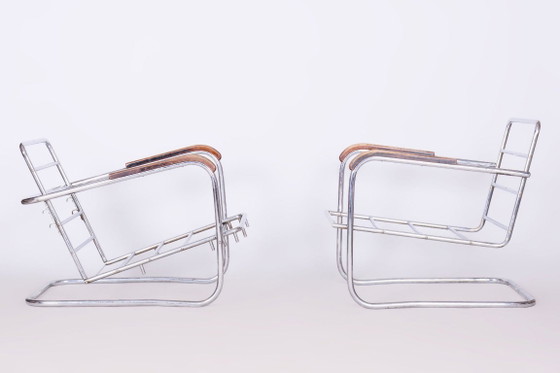 Origineel Bauhaus-paar fauteuils, verchroomd staal, Zwitserland, jaren 1930 – SAB Prague, Metal, Textile (photo 3 of 18)