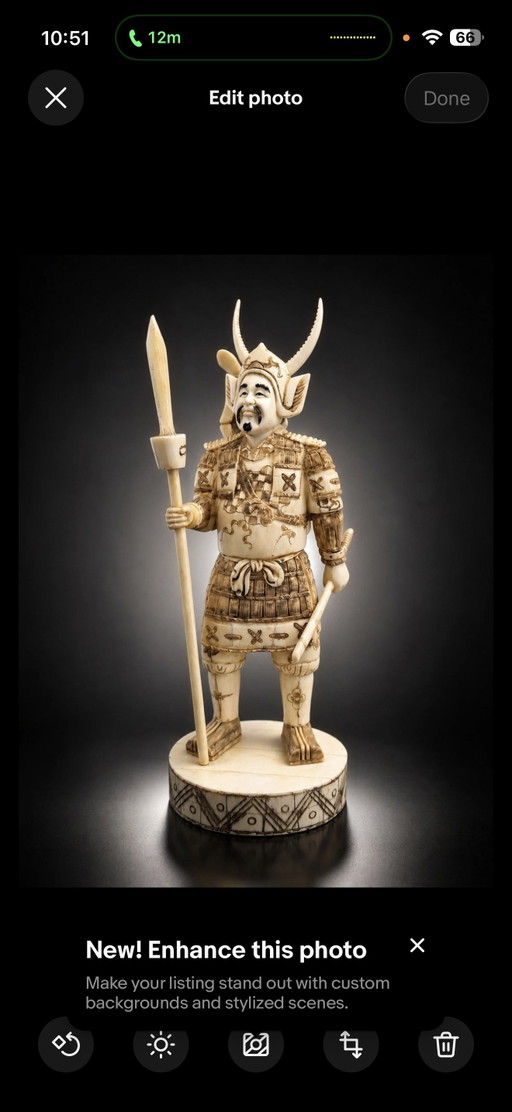 Carved Bone Samurai Figure With Spear – 20th Century – beeldhouwkunst, Other