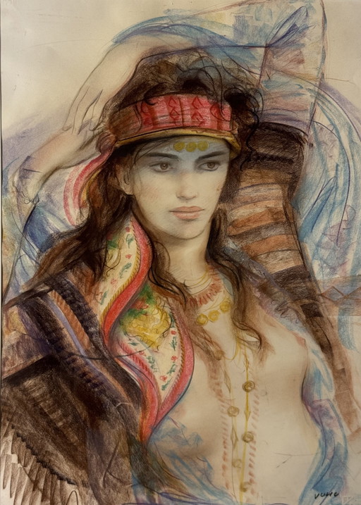 Mixed media painting by J. Vulic 50x70cm, Gypsy in frame, figurative