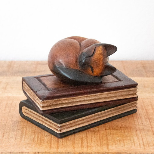 Teak Figurine of a Sleeping Cat on Two Books