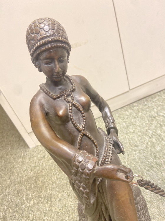 Image 1 of Metal Statue Of Woman With Two Leashed Dogs