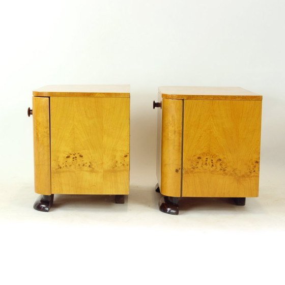 Image 1 of Art Deco Bedside Tables In Root Veneer, Czechoslovakia 1940s