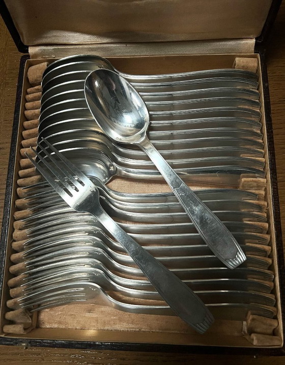 Image 1 of 24-delige verzilverde bestekset, Alfénide Art Deco-stijl, gekeurd, 84 g