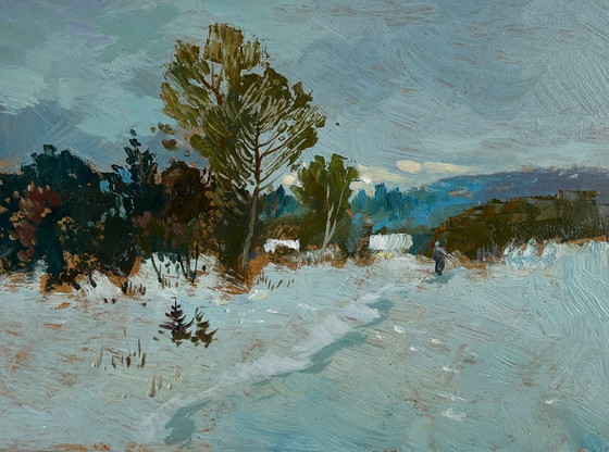 Image 1 of Origineel olieverfschilderij: Winterlandschap, winterse schemering