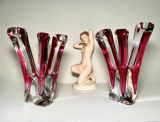 Image 1 of Paire de chandeliers en cristal Val St Lambert - Art verrier de René Delvenne - Bougeoir et vase à bourgeon vintage VSL Belgique