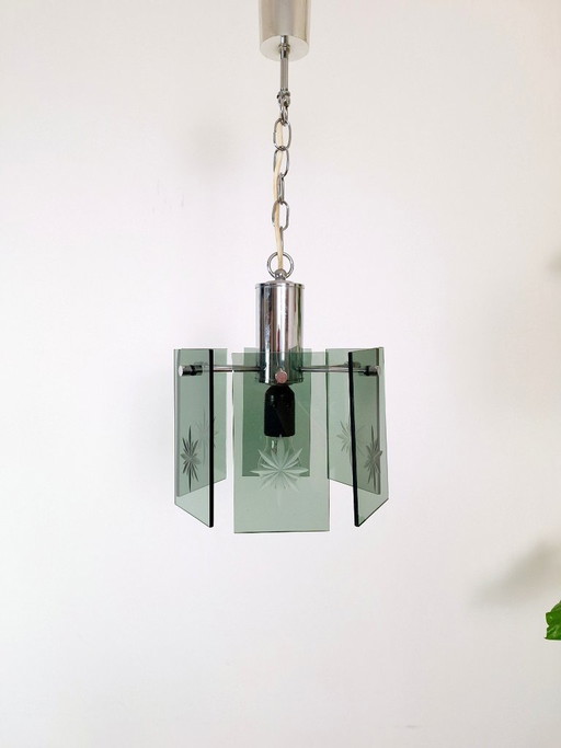 Mid-Century Modern Pendant Lamp, Made in Yugoslavia, EMI Poljčane, 1970s Modern Light, Green Smoked Glass, Space Age, Atomic Age