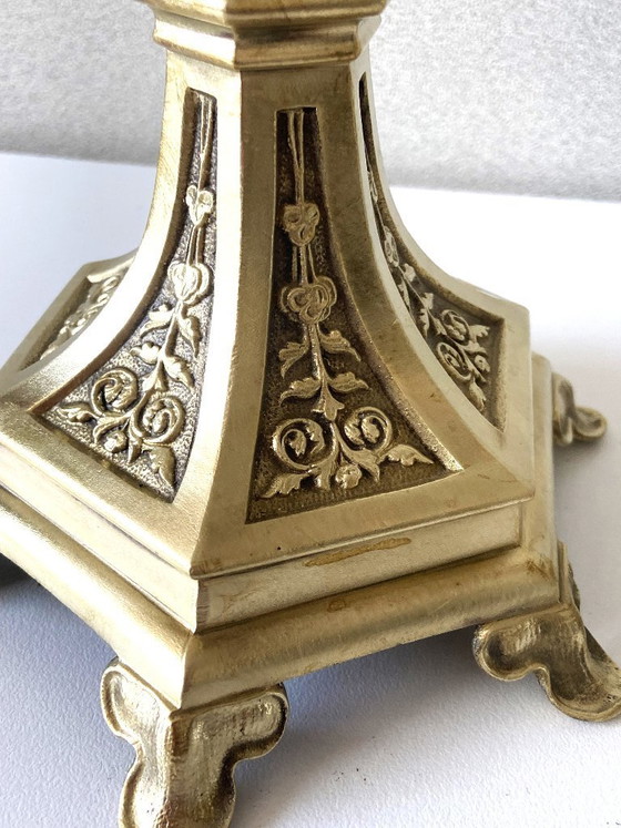Image 1 of Pair of Antique Neo-Gothic Gilt Bronze Candlesticks
