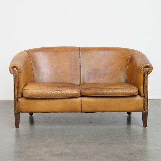 Image 1 of Vintage Sheepskin Leather 2-Seater Sofa in English Style