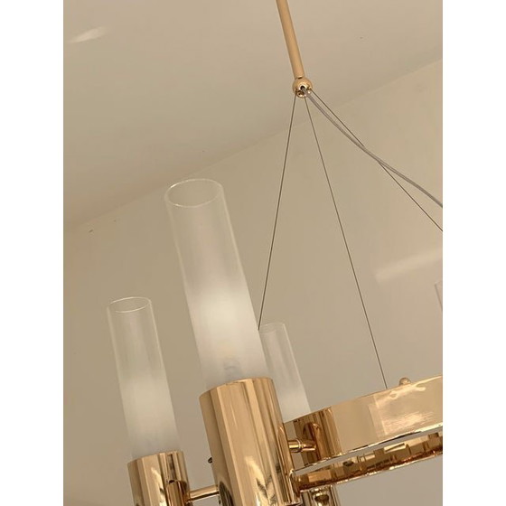 Image 1 of Lustre contemporain en anneau d'or avec verres en marbre de Carrare et blanc dégradé Simoeng