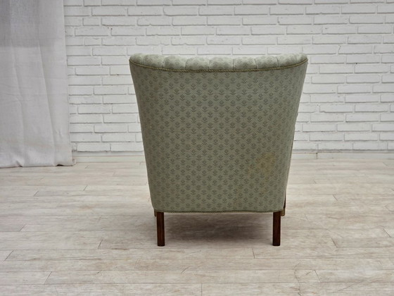 Image 1 of Deense fauteuil uit de jaren 60, lichtblauwe meubelstof, beukenhout.