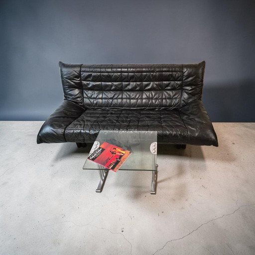 Vintage designer leather 3-seater sofa, couch, Rolf Benz, 1970s/1980s, modern design, black