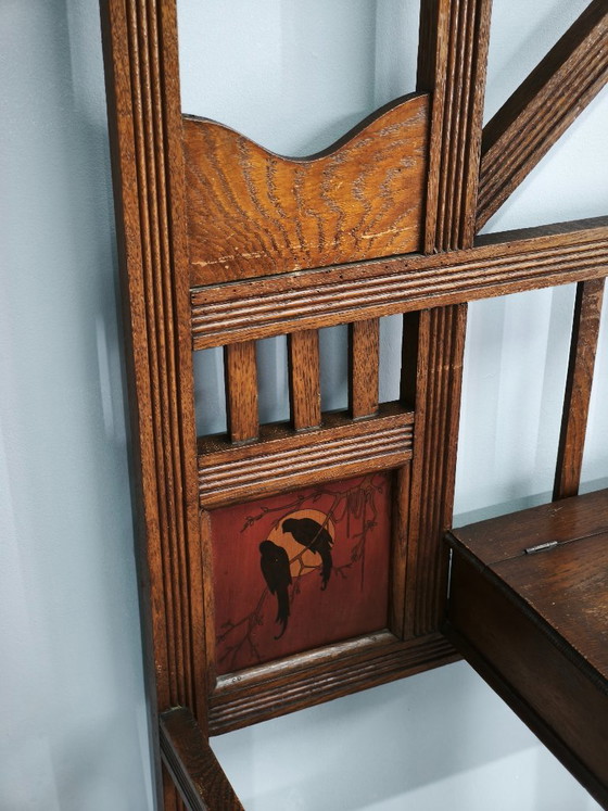 Appendiabiti Arts & Crafts in rovere massiccio, c. 1900, con ganci e portaombrelli, Legno, Metallo, Marrone (foto 7 di 14)