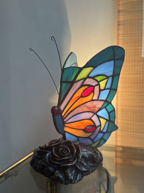 Image 1 of Set Of 2 Stained Glass Table Lamps Butterfly Lamps