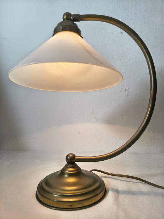 Image 1 of Vintage table lamp with brass look and opal glass shade – Hollywood Regency style