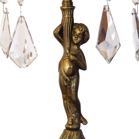 Image 1 of Vintage Bronze Candelabra Lamp with Green Crystals, 1930s