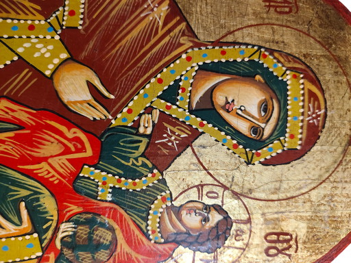 Griekse icoon van de Maagd Maria met Kind – handgeschilderd op hout, 20e eeuw