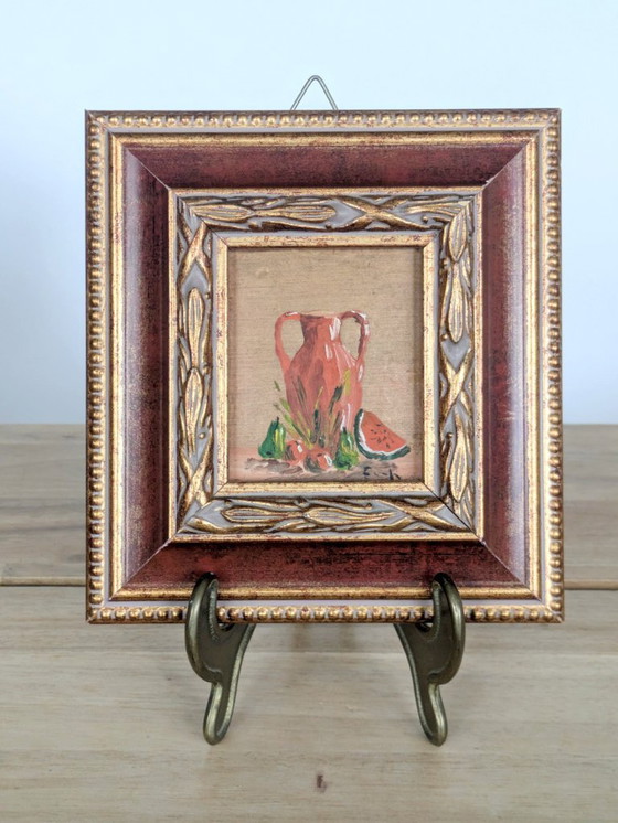 Image 1 of Vintage Still Life Oil Painting, Pottery Jar and Fruit, Florentine Frame