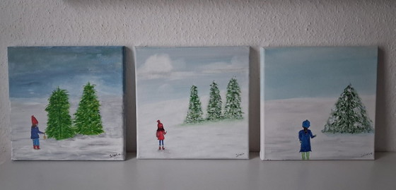 J.v. Welie Schilderijen, set van 3, winterlandschap, Schilderijen & Tekeningen, Canvas, Katoen (foto 4 van 5)