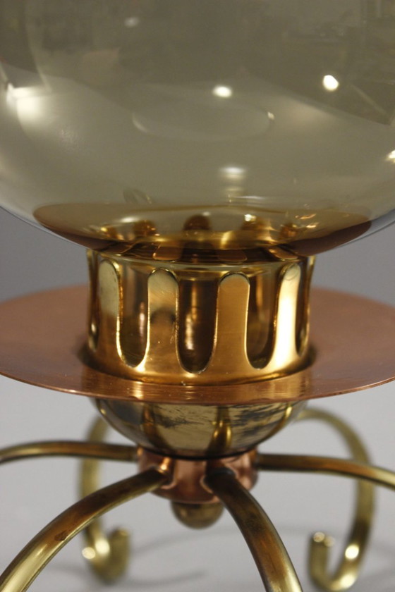 Image 1 of Modernist design candlestick from the 1950s in copper, brass & smoked glass
