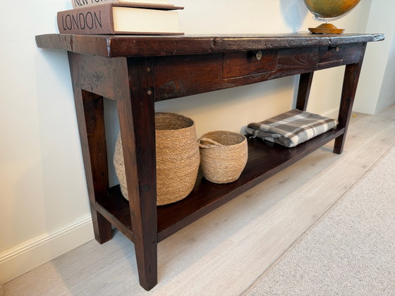 Autentico tavolino in legno / consolle / cassettiera con ripiano inferiore e cassetti – Console (photo 4 of 5)