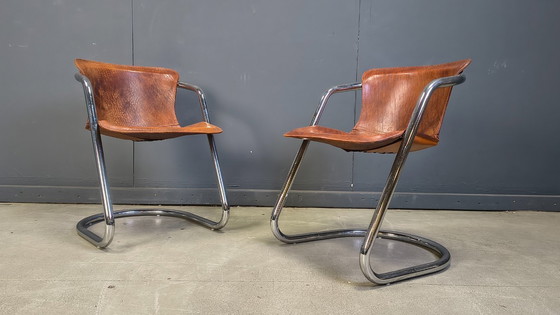 Image 1 of Vintage eetkamerstoelen van leer en chroom van Willy Rizzo, jaren 70 - set van 8