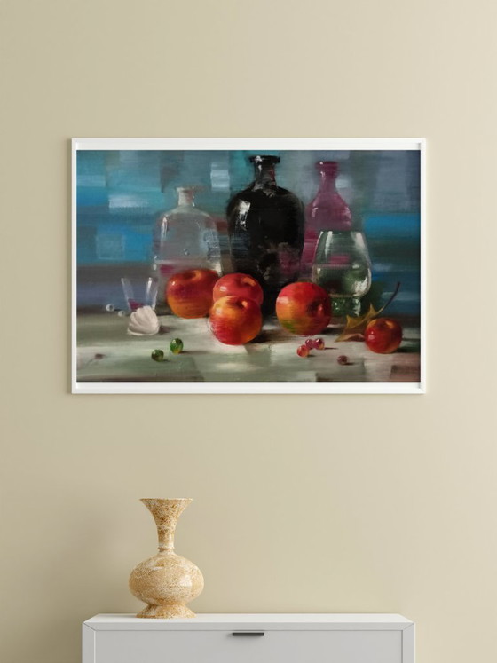 Peinture à l'Huile Originale Bouteilles en Verre Fruits Nature Morte – Peintures et dessins, Canvas (photo 3 of 7)