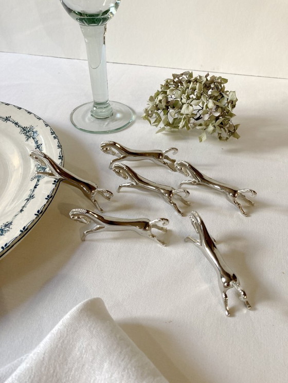 Image 1 of Six silver-plated metal knife rests in the shape of horses. 1960s