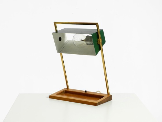 Image 1 of Original large 1960s Temde table lamp with a brass frame, teak base, and green lampshade
