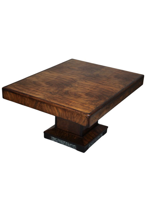 Art-déco-Esstisch aus Nussbaummaserholz mit Marmordetails