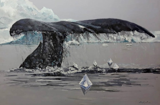 Origineel olieverfschilderij, hedendaagse kunst: zee, ijsberg, walvis zonder roeispanen (photo 5 of 7)