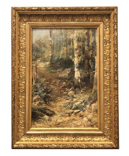 Huile sur toile ancienne signée, paysage de sous-bois 1893, cadre doré